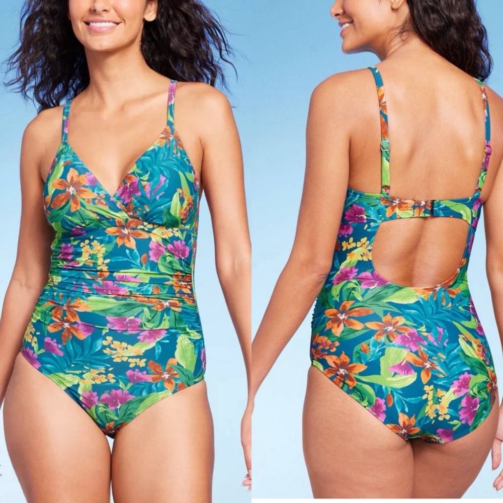 NWT Kona Sol Floral One-Piece Swimsuit in Blue Multicolor - S